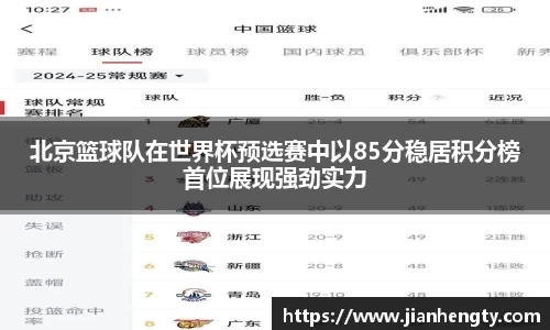 北京篮球队在世界杯预选赛中以85分稳居积分榜首位展现强劲实力